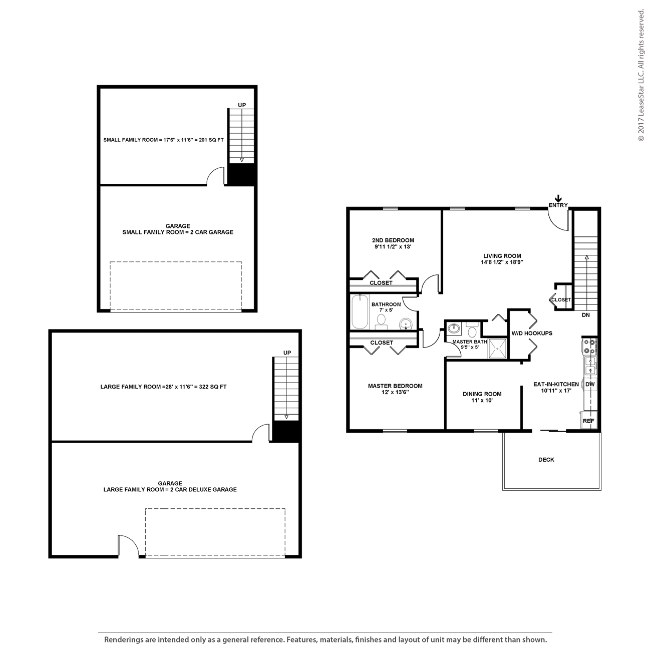 A floor plan for a small and large family room with garages.